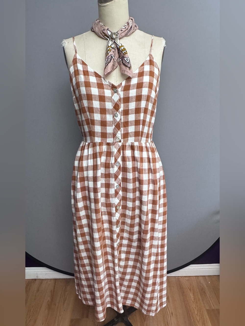 A New Day Brown Gingham Linen Blend Midi Dress Pockets Cottagecore Medium